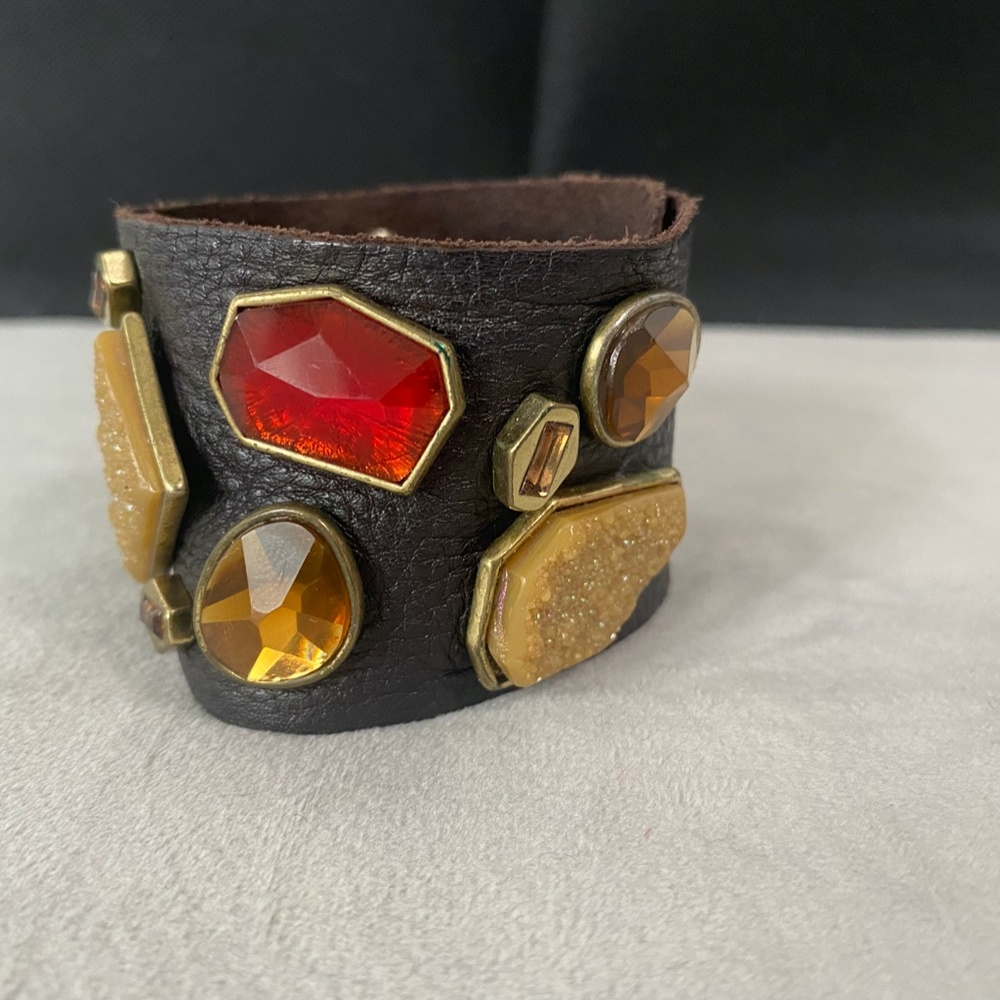 Chunky Jeweled Vintage Leather Adjustable Brass Snap Cuff Bracelet with Druzy+
